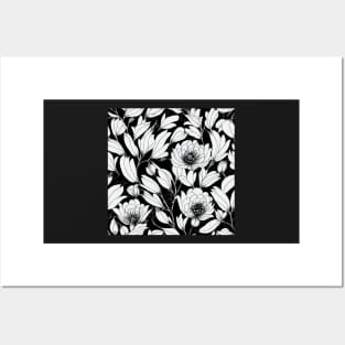 Black and White Vintage Floral Cottagecore Romantic Flower Peony Rose Leaf Design Posters and Art